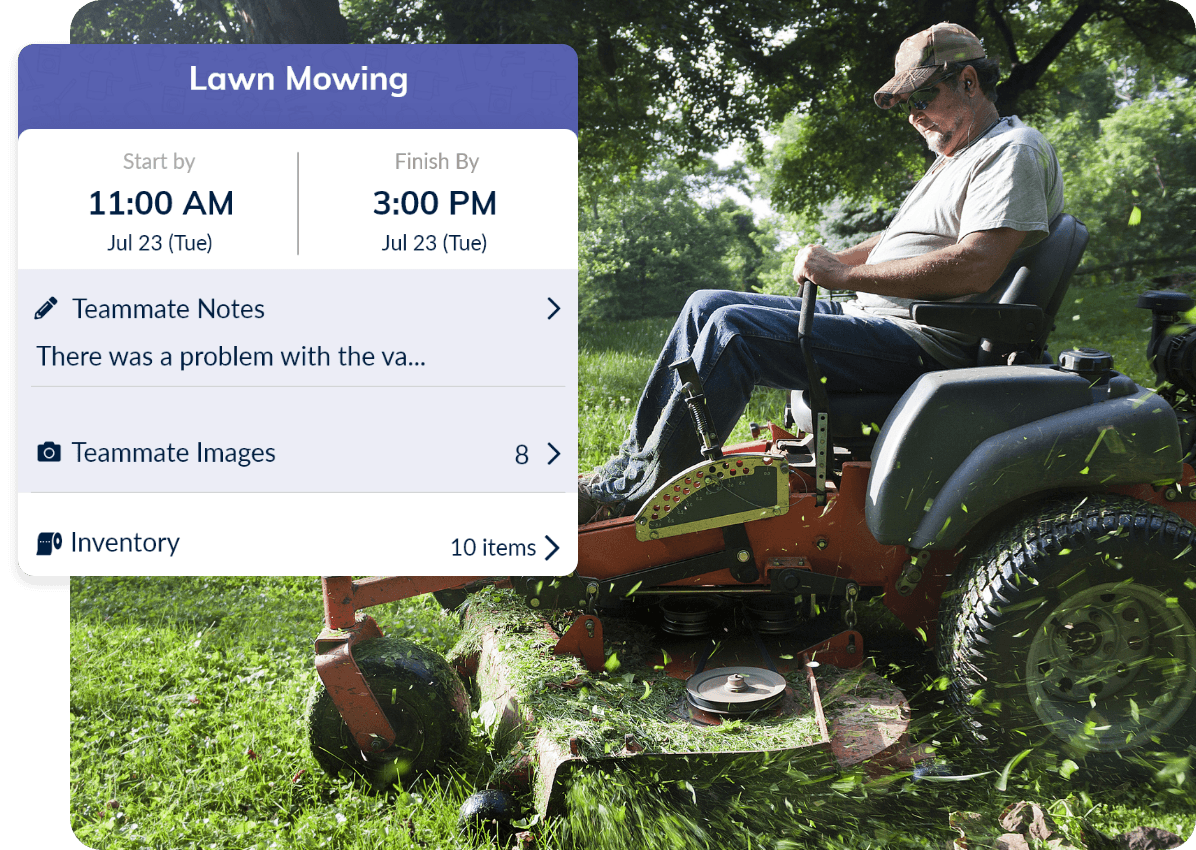 lawn care crew member on a lawn mower with scheduling notification as a pop up