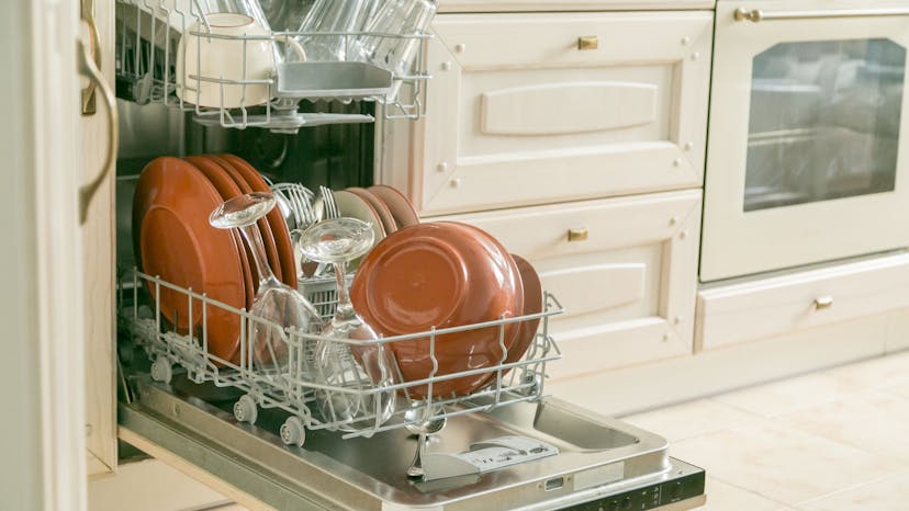 Dishes in dishwasher ready to be unloaded