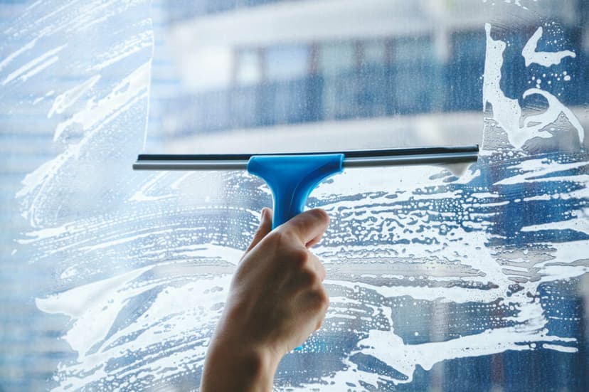 Squeegee wiping away soapy solution from window surface